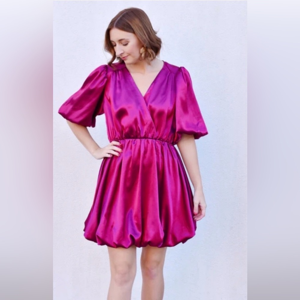 Entro Sangria Bubble Hem and Sleeve Dress Pink Satin